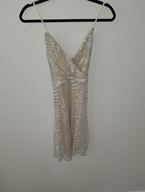 Lulu's Nude Strapless Sequin Slip Dress with Silver Sequin Overlay